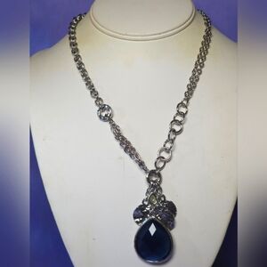 Chico's Silver Tone Chain Necklace W/ Blue Teardrop Pendant